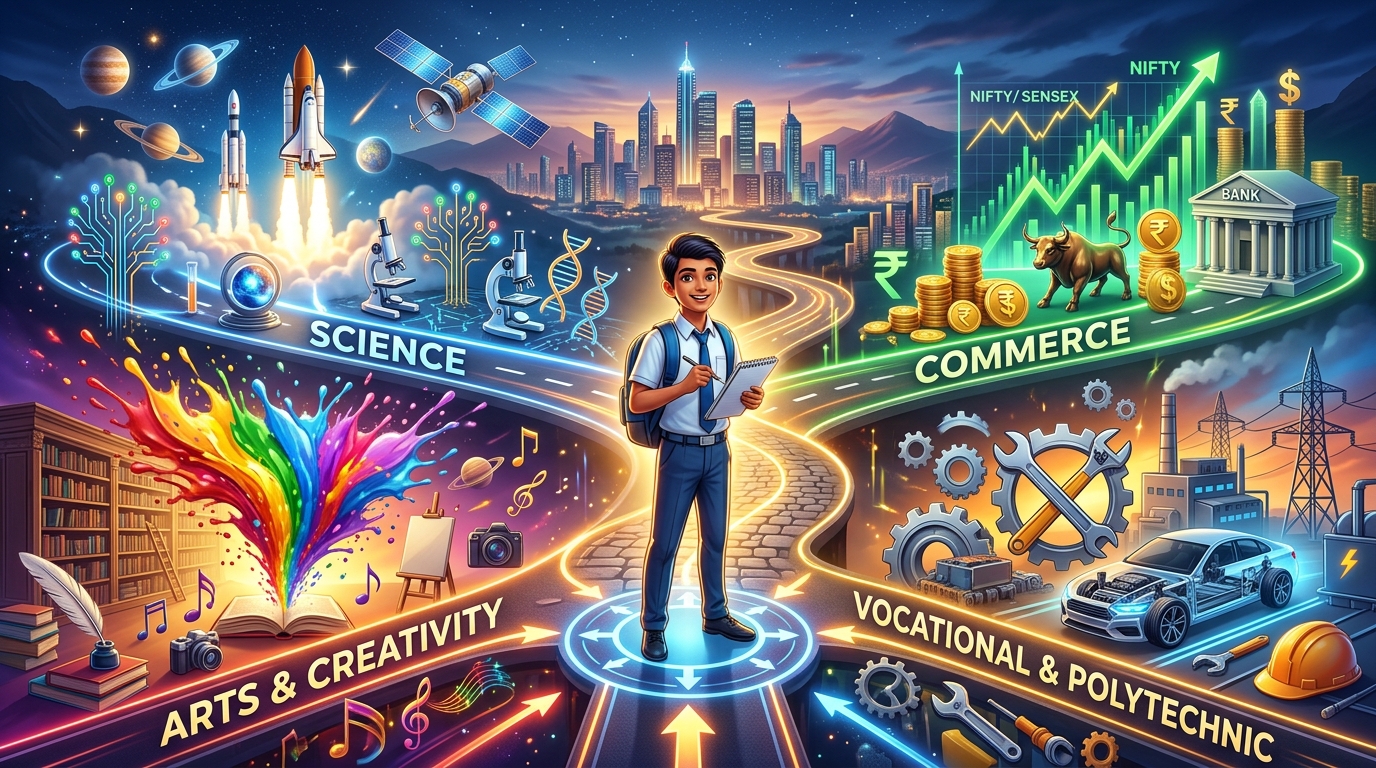 Students standing at glowing career crossroads after Class 10th