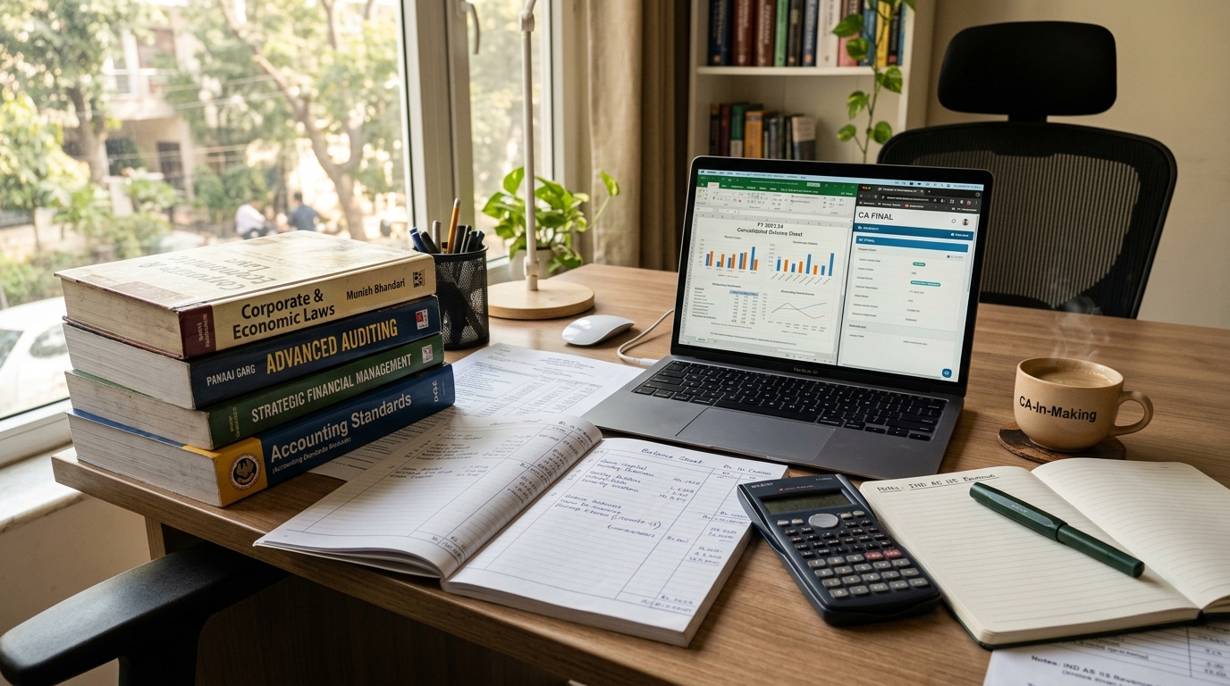 CA Foundation study desk with textbooks, calculator, and balance sheet notes