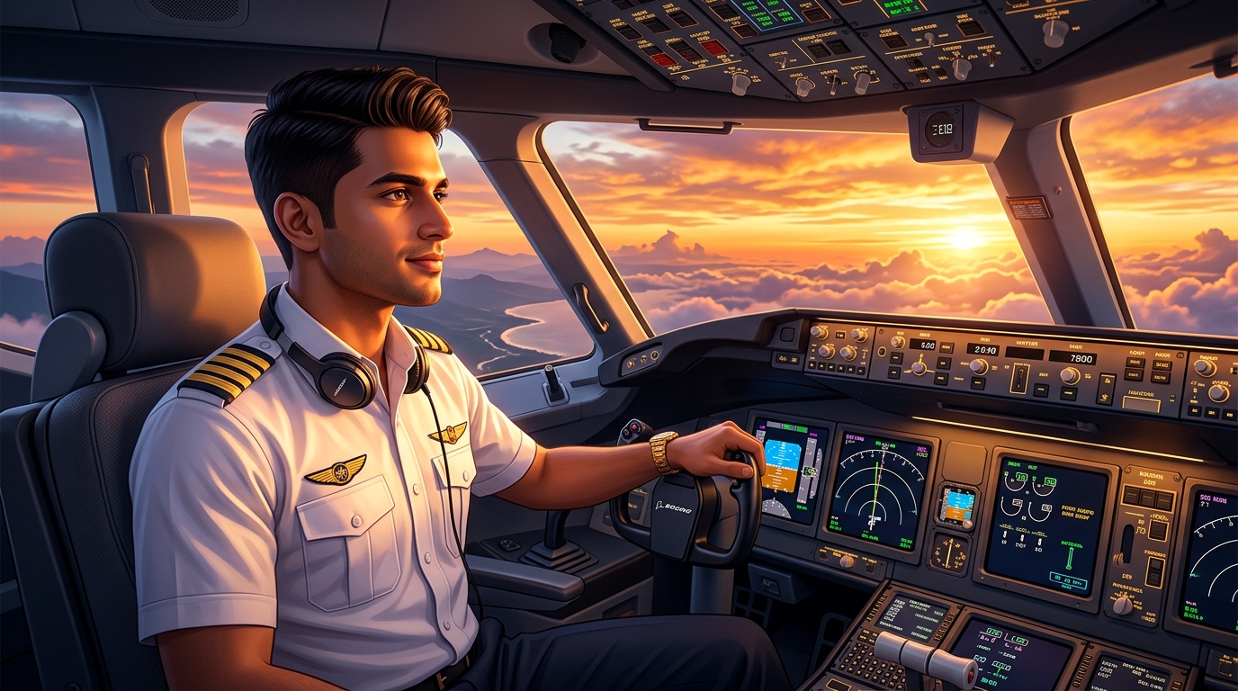 Young commercial airline pilot in cockpit flying above clouds