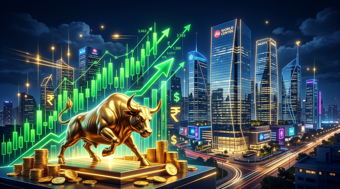 Investment banking financial district, golden bull and stock charts