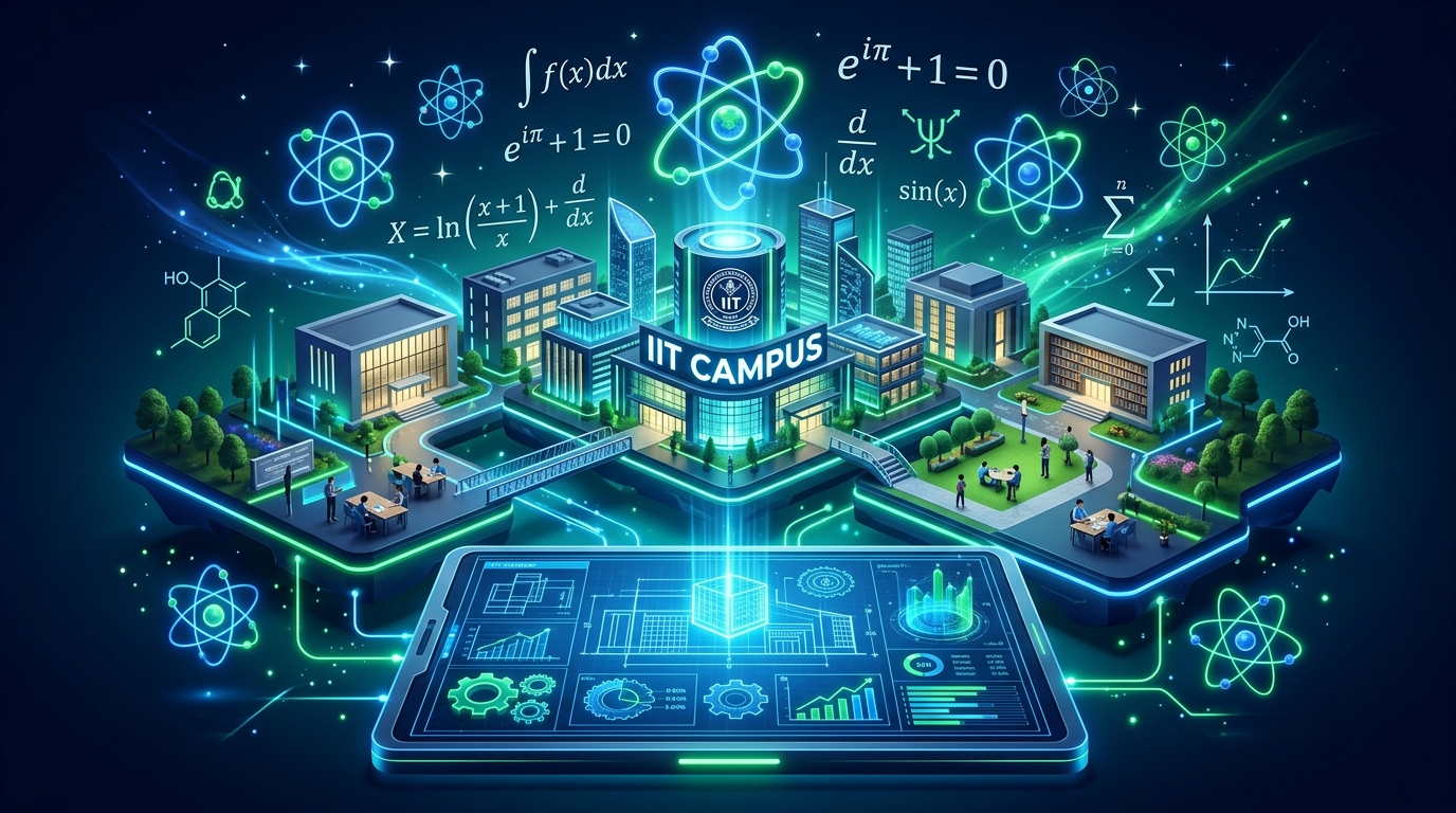 IIT JEE engineering preparation with isometric campus and equations