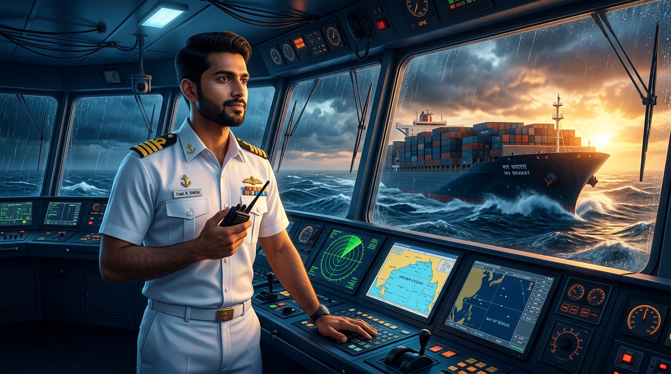 Merchant Navy captain on the bridge of ocean container ship