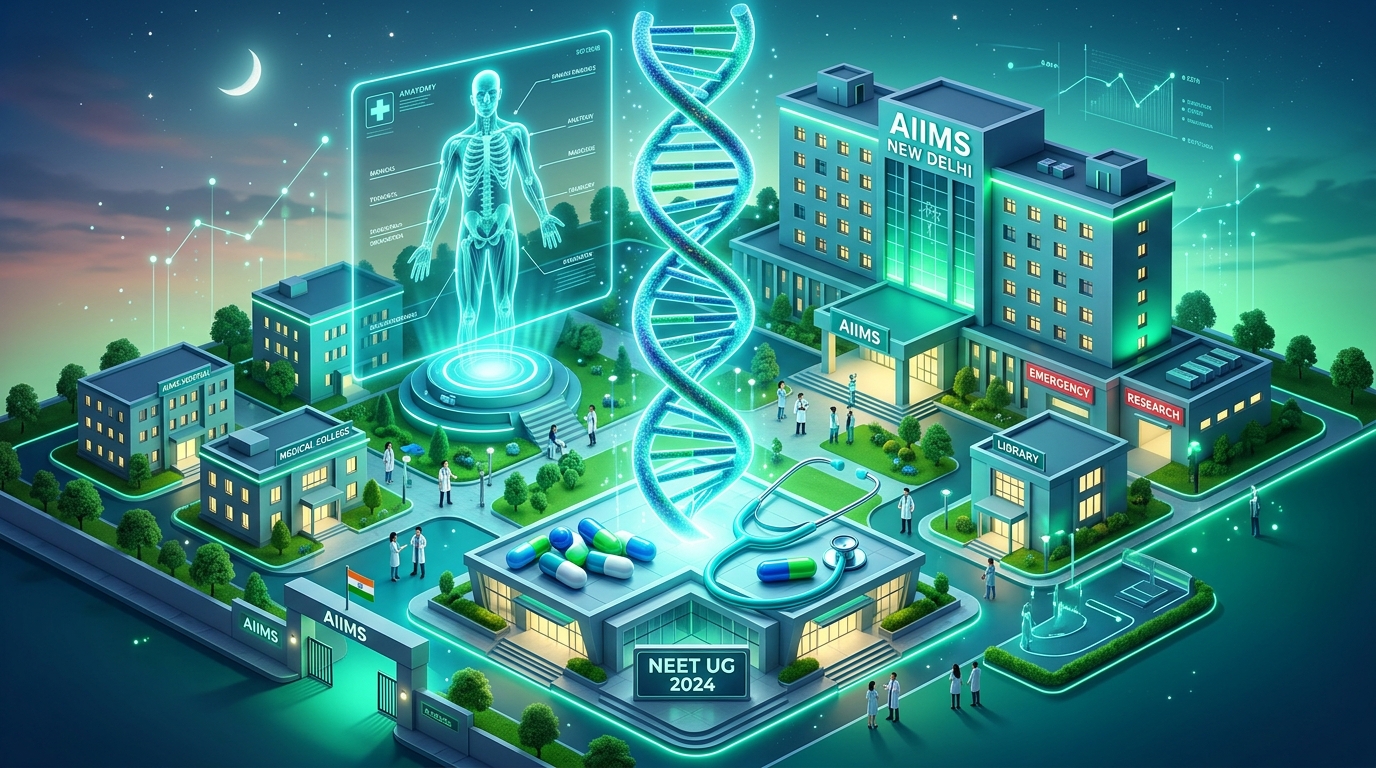NEET UG medical entrance AIIMS campus with glowing DNA