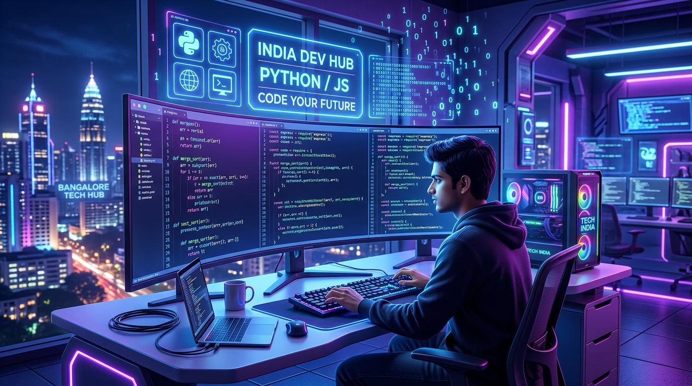 Software engineer coding in high tech multi-monitor studio