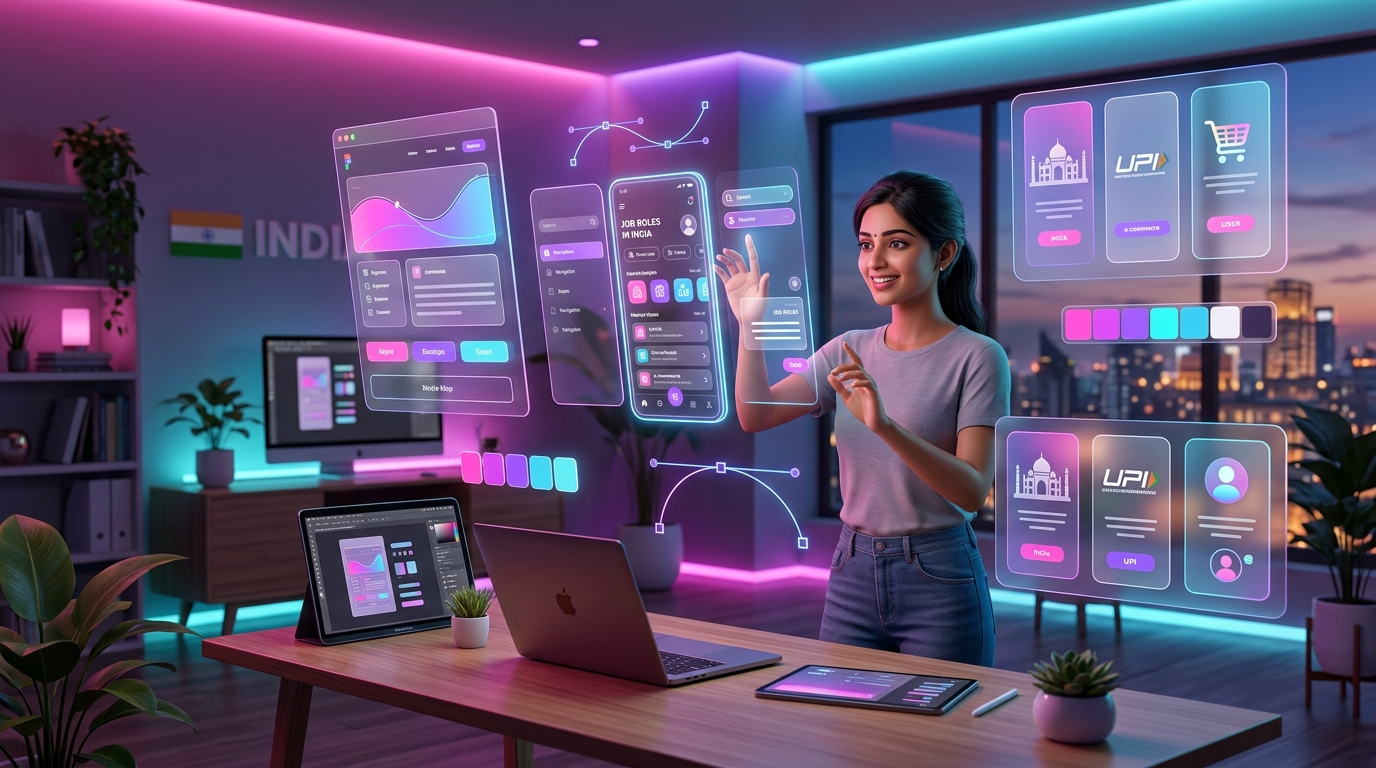 UI UX designer studio with floating holographic mobile app interfaces